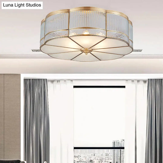 Ribbed Glass Gold Ceiling Flush Mount Lamp - Clover Design With 3/4 Heads Available In 14 Or 18