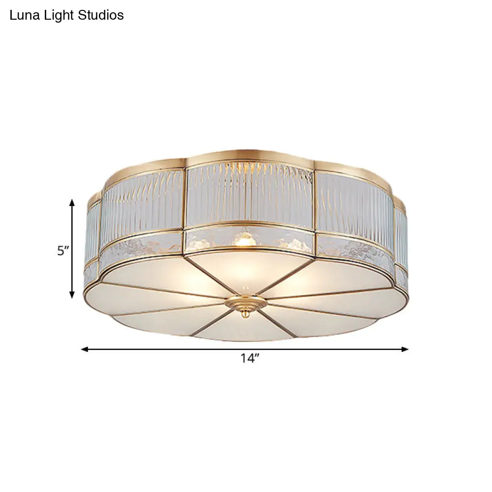 Ribbed Glass Gold Ceiling Flush Mount Lamp - Clover Design With 3/4 Heads Available In 14 Or 18