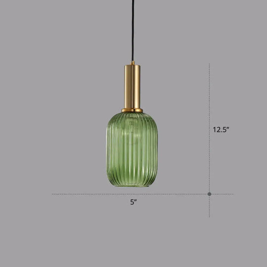 Ribbed Glass Hanging Light: Modern Bottle Shape 1-Bulb Pendant For Dining Room Blackish Green / 5