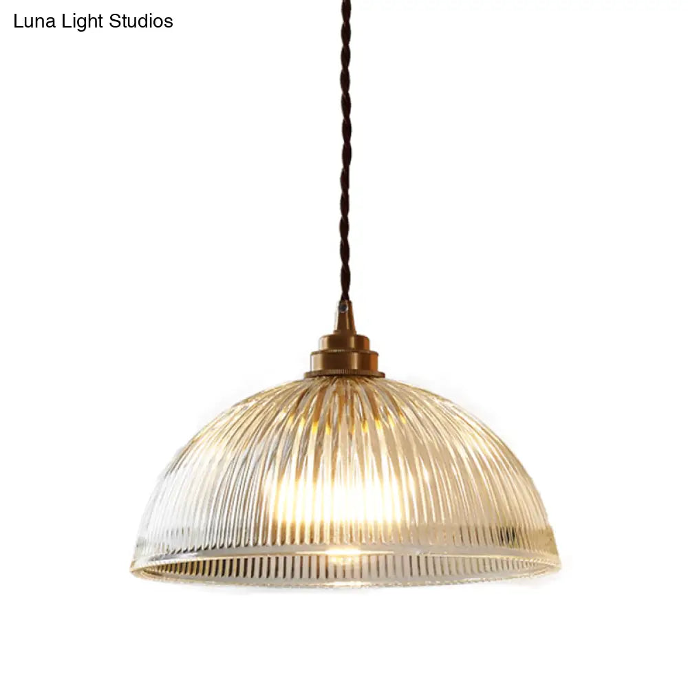 Ribbed Glass Pendant Light - Simplicity Brass Mini Hanging Lamp For Dining Room