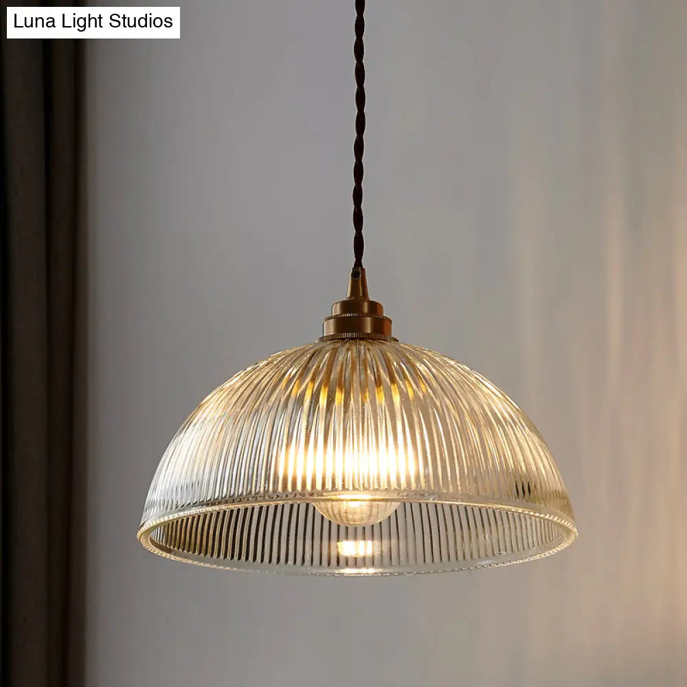 Ribbed Glass Pendant Light - Simplicity Brass Mini Hanging Lamp For Dining Room