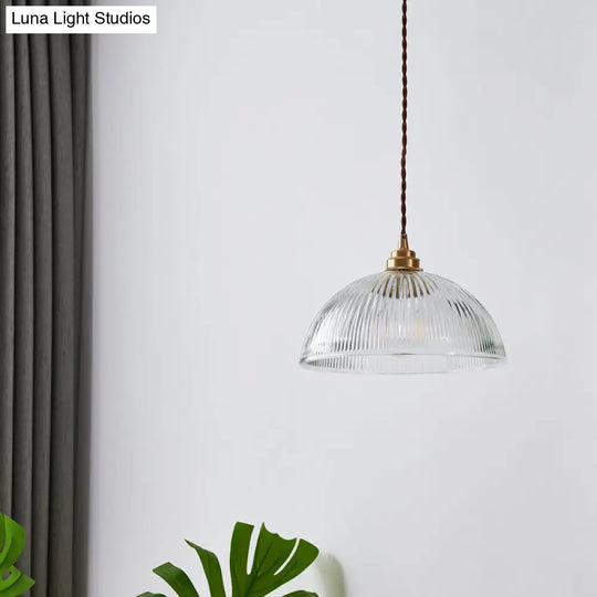 Ribbed Glass Pendant Light - Simplicity Brass Mini Hanging Lamp For Dining Room