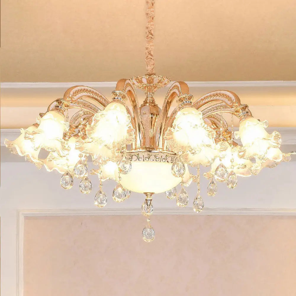 Ribbed Glass Ruffled Flower Chandelier With Crystal Draping - Retro Gold Suspension Light For Living