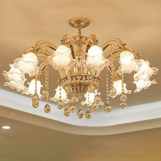 Ribbed Glass Ruffled Flower Chandelier With Crystal Draping - Retro Gold Suspension Light For Living