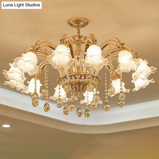 Ribbed Glass Ruffled Flower Chandelier With Crystal Draping - Retro Gold Suspension Light For Living