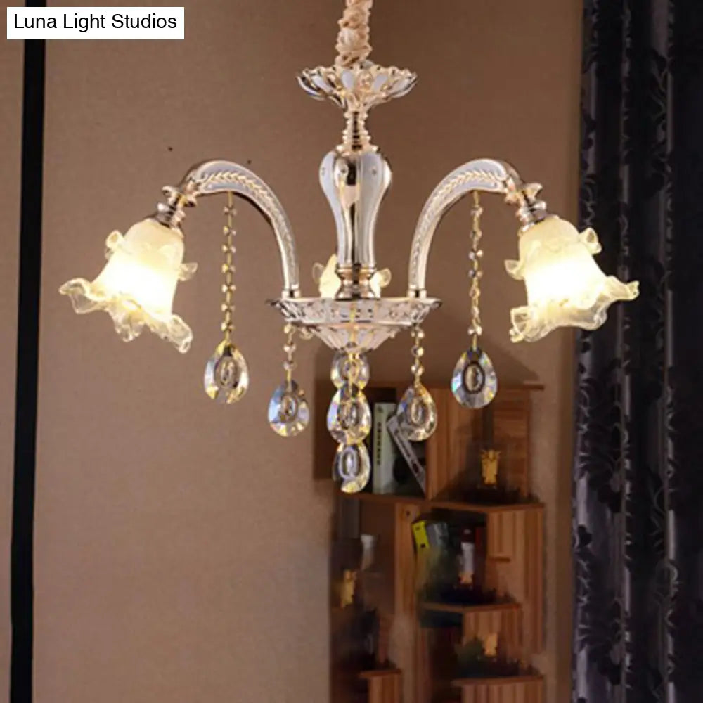 Ribbed Glass Ruffled Flower Chandelier With Crystal Draping - Retro Gold Suspension Light For Living