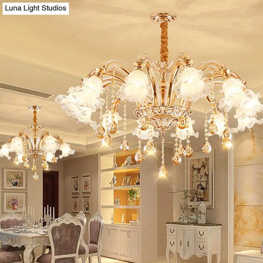 Ribbed Glass Ruffled Flower Chandelier With Crystal Draping - Retro Gold Suspension Light For Living