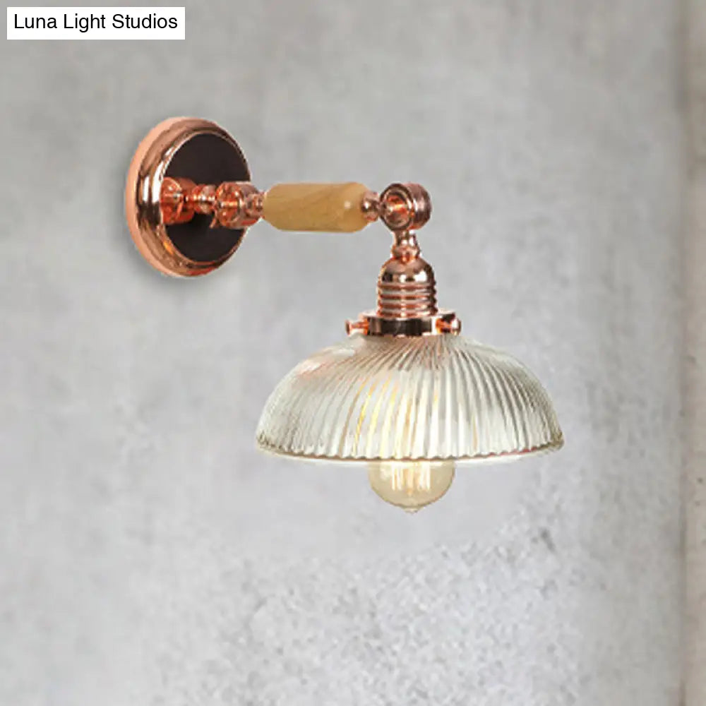 Ribbed Glass Sconce Light Fixture - Farmhouse Style Rose Gold Wall Lamp