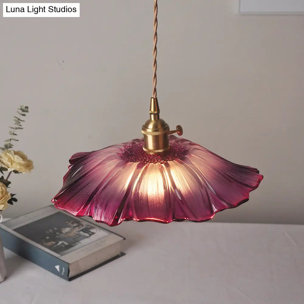 Ribbed Glass Vintage Floral Hanging Lamp Pendant - Single-Bulb Lighting For Restaurants