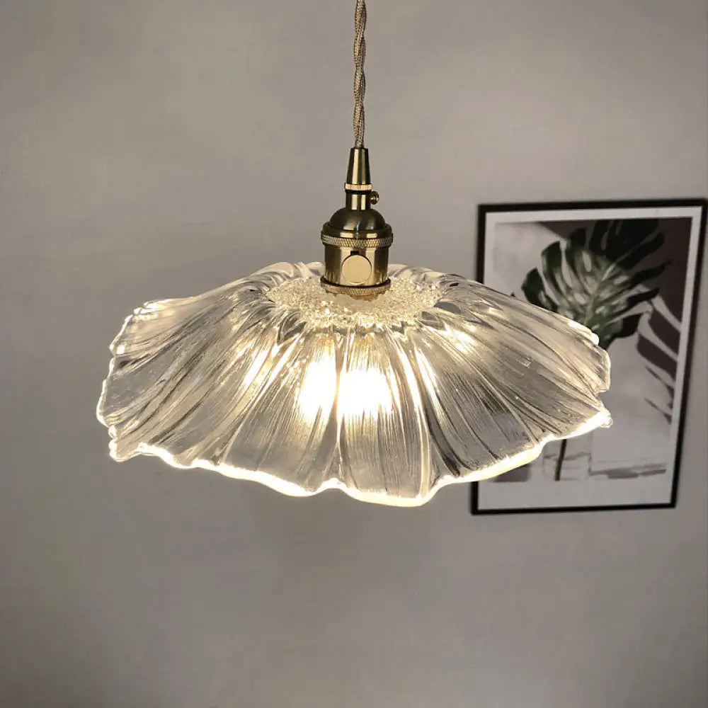 Ribbed Glass Vintage Floral Hanging Lamp Pendant - Single-Bulb Lighting For Restaurants Clear