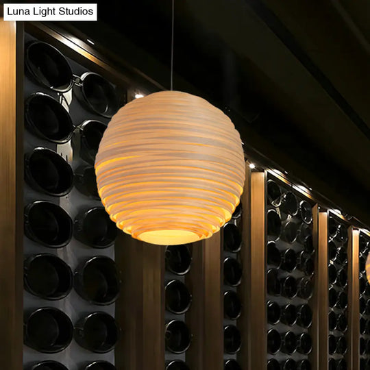 Ribbed Globe Wine Bar Pendant Light - Asian Style Hanging Crafted Wood 1 Head Beige