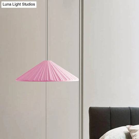 Ribbed Conic Pendant Light In Macaron Resin - Single Bedside Hanging White/Pink/Blue