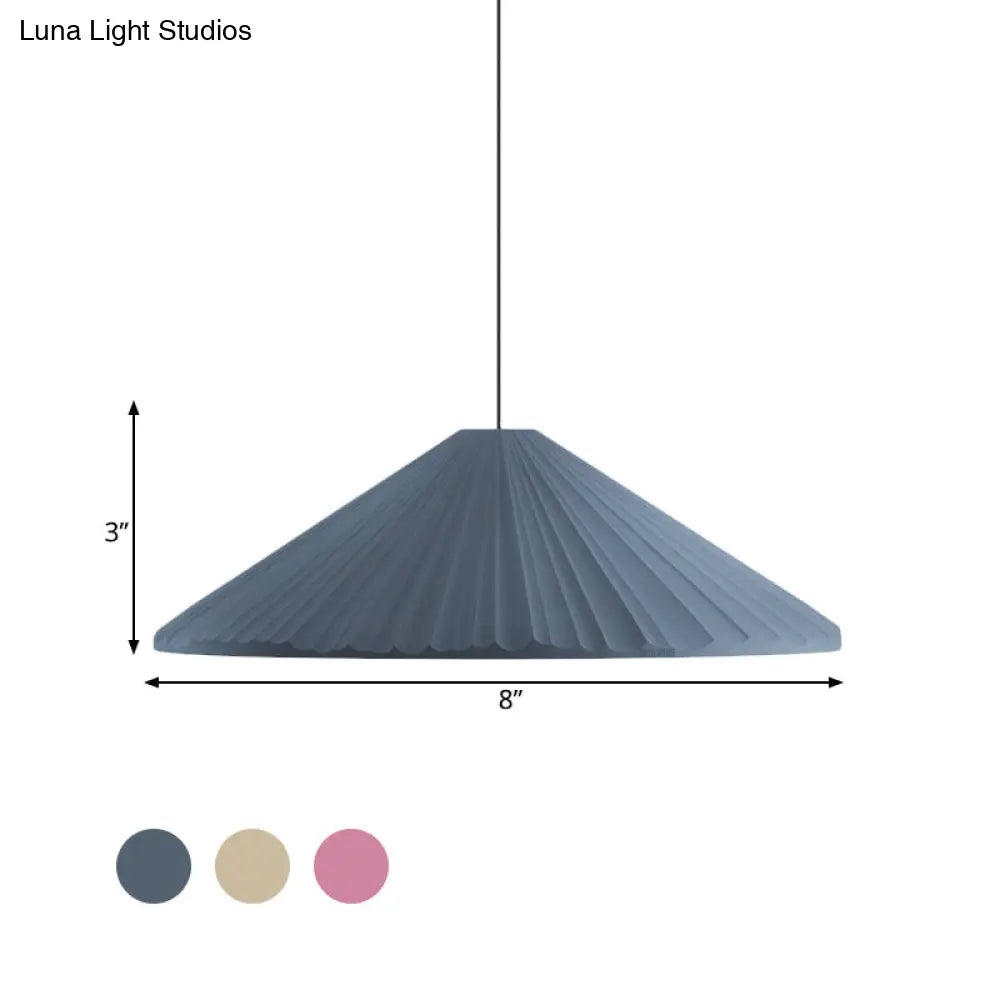 Ribbed Conic Pendant Light In Macaron Resin - Single Bedside Hanging White/Pink/Blue