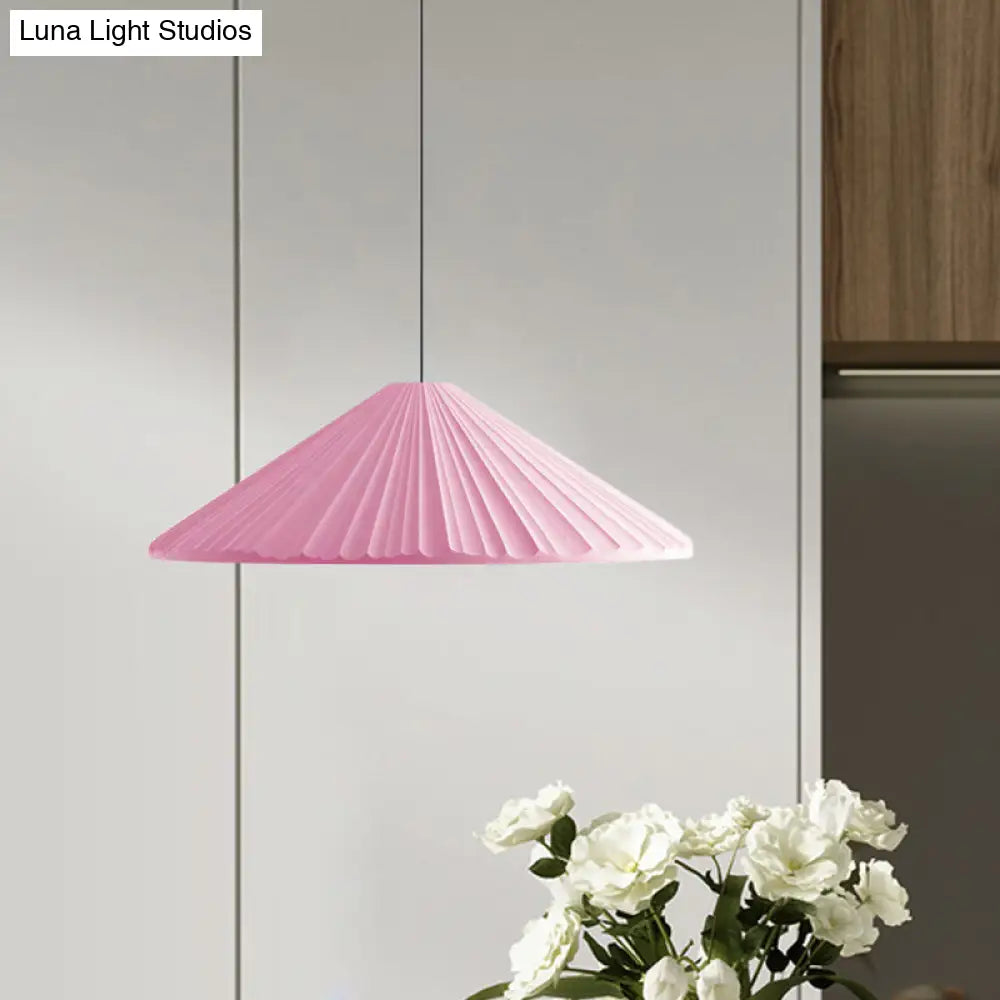 Ribbed Conic Pendant Light In Macaron Resin - Single Bedside Hanging White/Pink/Blue