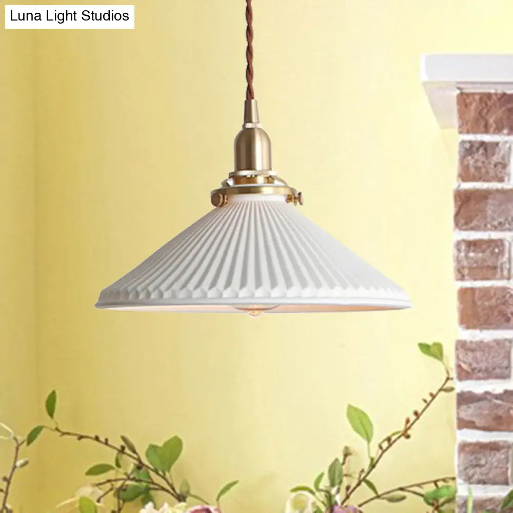 Ridged Cone Dining Room Pendant Light Ceramics 1 Simple Style Lamp In White Lighting