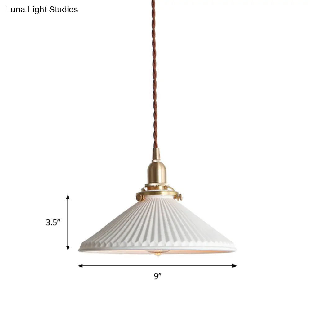 Ridged Cone Dining Room Pendant Light Ceramics 1 Simple Style Lamp In White Lighting