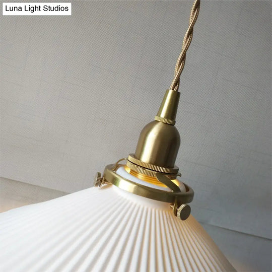 Ridged Cone Dining Room Pendant Light Ceramics 1 Simple Style Lamp In White Lighting