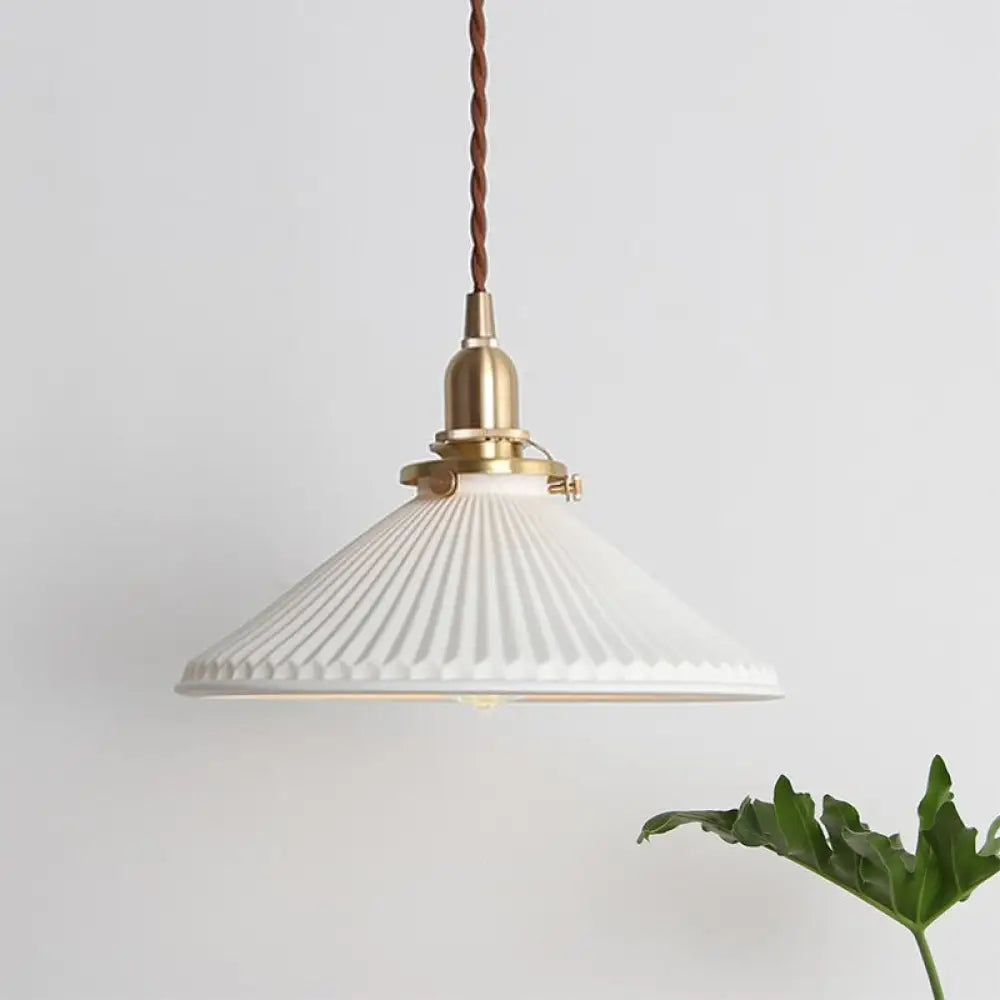 Ridged Cone Dining Room Pendant Light Ceramics 1 Simple Style Lamp In White Lighting