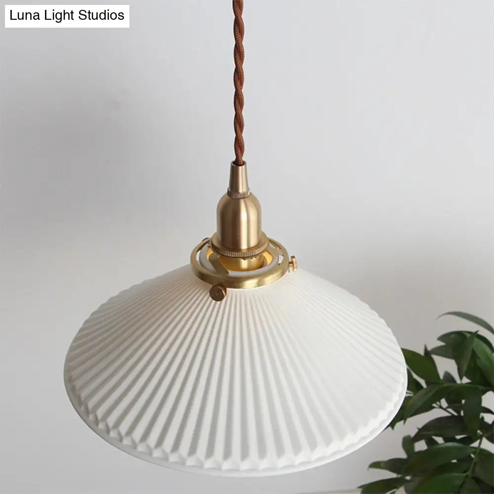 Ridged Cone Dining Room Pendant Light Ceramics 1 Simple Style Lamp In White Lighting