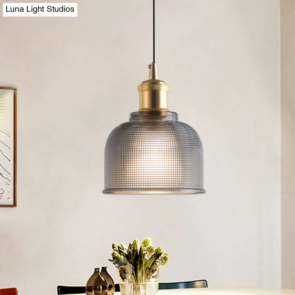 Ridged Glass Pendant Light For Balcony And Kitchen Traditional Cup Shape 1 Hanging Lamp Smoke Gray