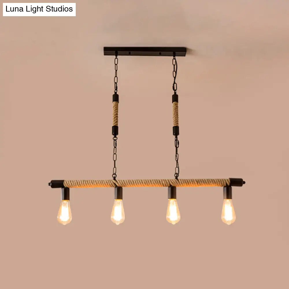 Rijl Al Awwa - Open 4 Lights Rope Chandelier Factory Black Finish Bulb Restaurant Pendant Light