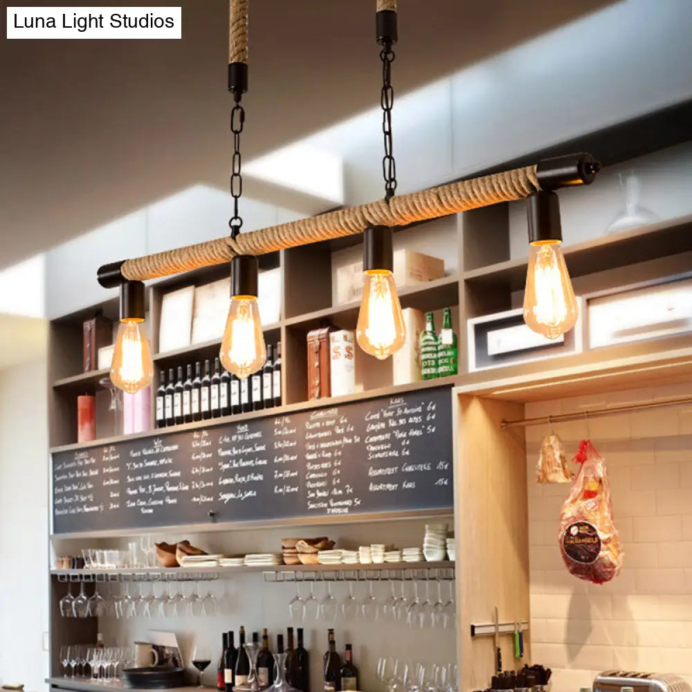 Rijl Al Awwa - Open 4 Lights Rope Chandelier Factory Black Finish Bulb Restaurant Pendant Light