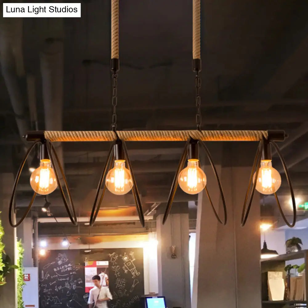 Rijl Al Awwa - Open 4 Lights Rope Chandelier Factory Black Finish Bulb Restaurant Pendant Light