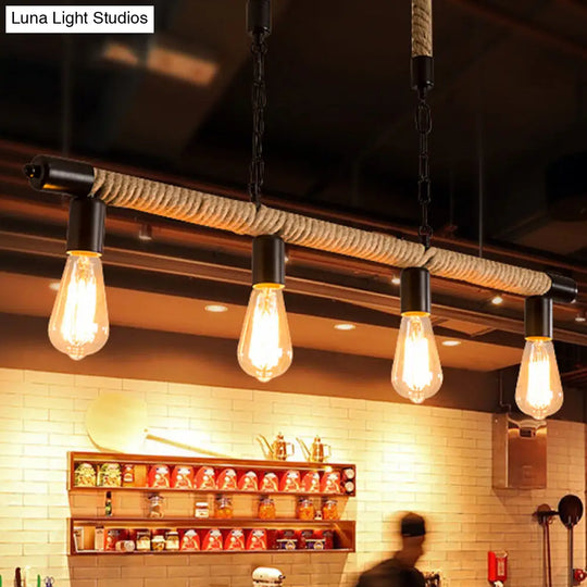 Rijl Al Awwa - Open 4 Lights Rope Chandelier Factory Black Finish Bulb Restaurant Pendant Light