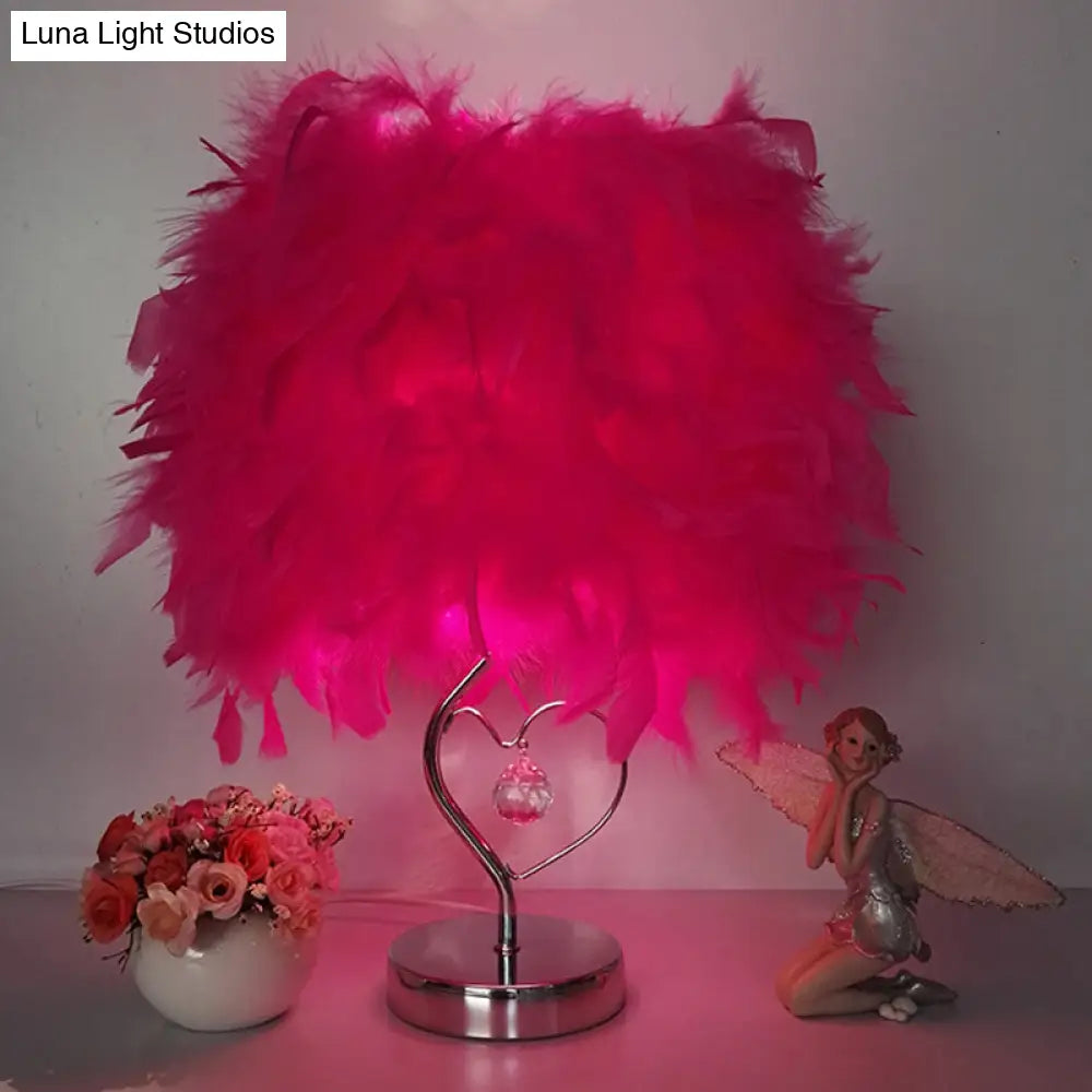 Contemporary Single Nightstand Lamp: Bucket Shaped Table Light In Red/White/Pink With Feather Shade