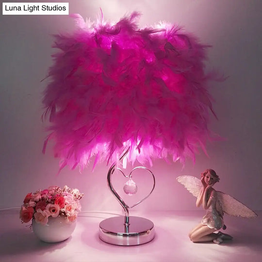 Contemporary Single Nightstand Lamp: Bucket Shaped Table Light In Red/White/Pink With Feather Shade