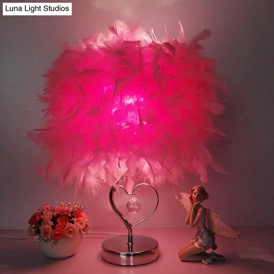 Contemporary Single Nightstand Lamp: Bucket Shaped Table Light In Red/White/Pink With Feather Shade