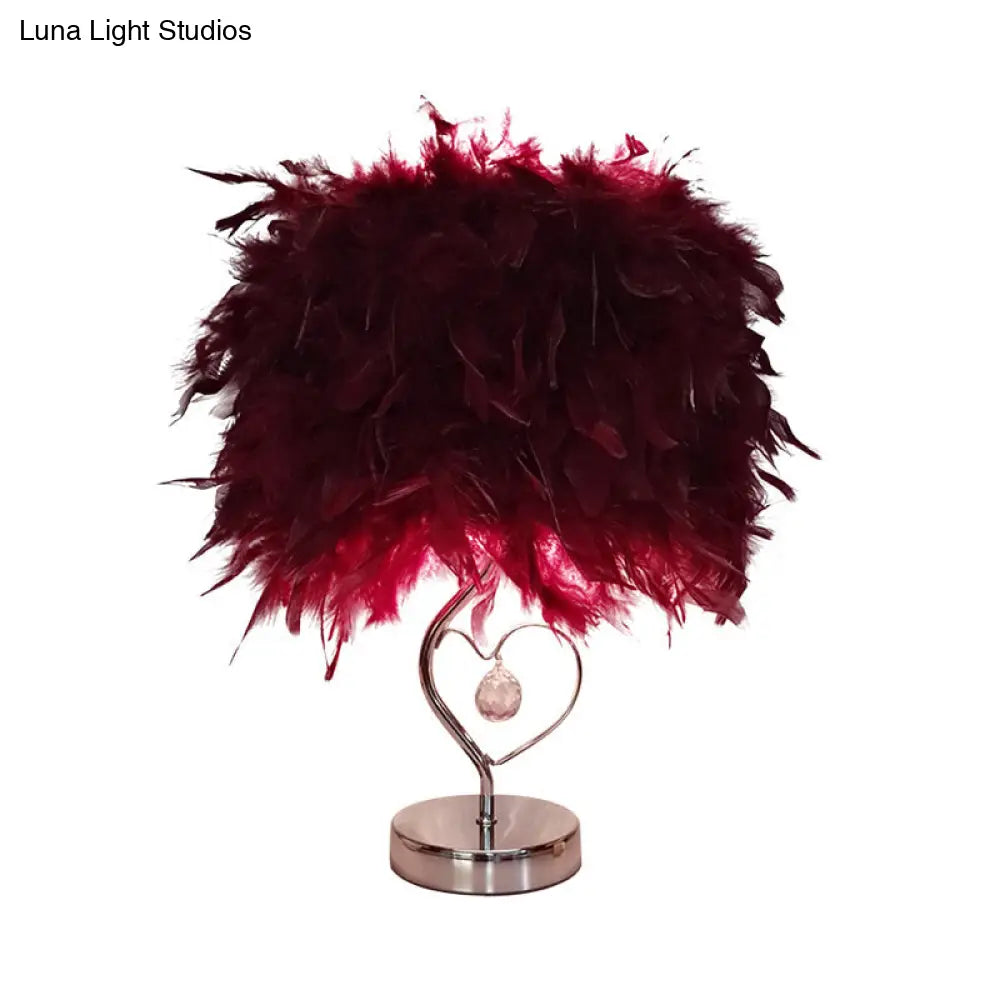 Contemporary Single Nightstand Lamp: Bucket Shaped Table Light In Red/White/Pink With Feather Shade