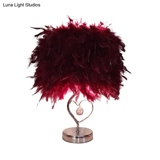 Contemporary Single Nightstand Lamp: Bucket Shaped Table Light In Red/White/Pink With Feather Shade