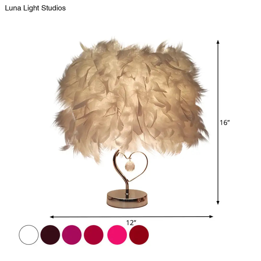 Riley - Modern Single Nightstand Lamp Red/White/Pink Bucket Shaped Table Light With Feather Shade