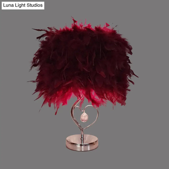 Contemporary Single Nightstand Lamp: Bucket Shaped Table Light In Red/White/Pink With Feather Shade