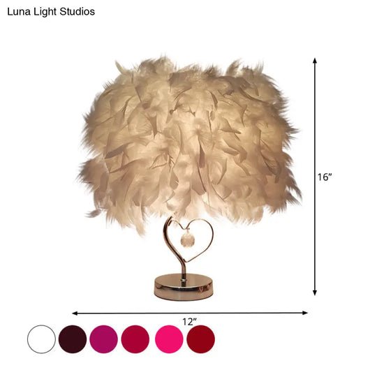 Contemporary Single Nightstand Lamp: Bucket Shaped Table Light In Red/White/Pink With Feather Shade