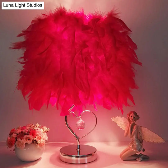 Contemporary Single Nightstand Lamp: Bucket Shaped Table Light In Red/White/Pink With Feather Shade