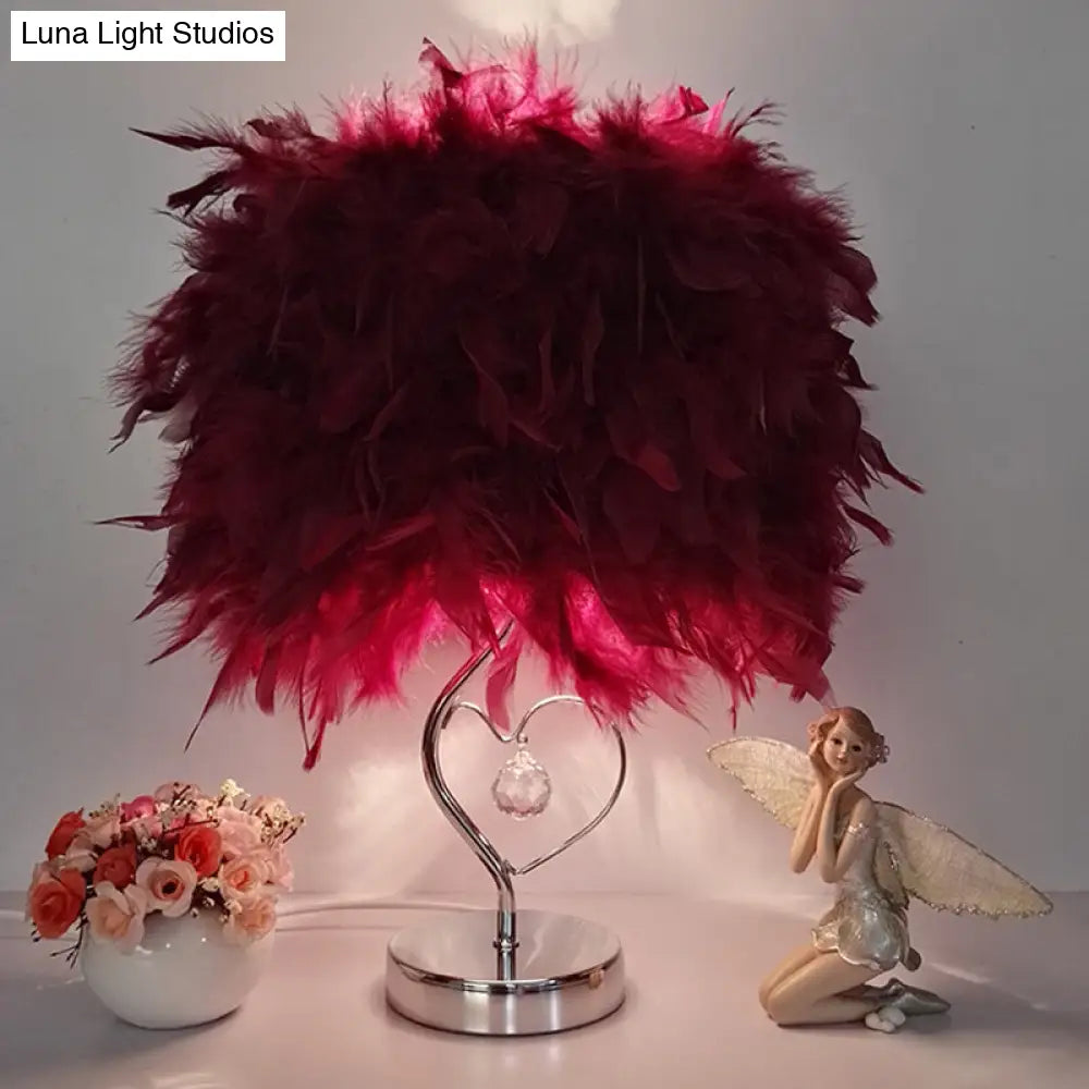 Contemporary Single Nightstand Lamp: Bucket Shaped Table Light In Red/White/Pink With Feather Shade