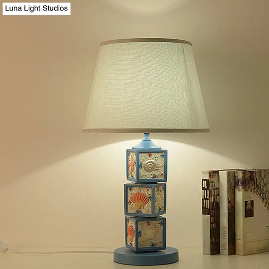 Mediterranean Resin Stacked Cube Desk Light - Sky Blue Night Lamp With Barrel Fabric Shade