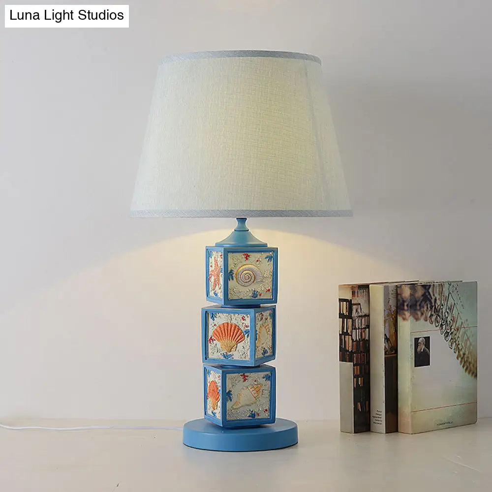 Mediterranean Resin Stacked Cube Desk Light - Sky Blue Night Lamp With Barrel Fabric Shade