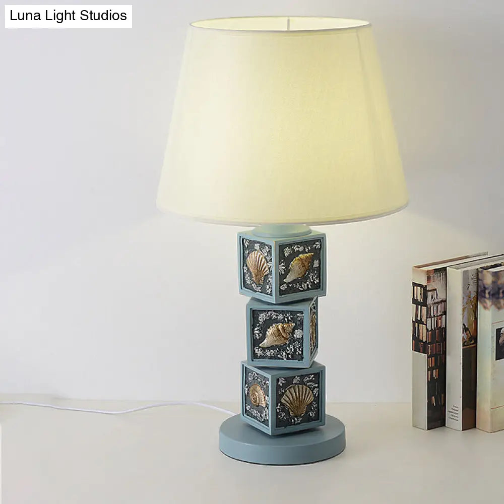 Mediterranean Resin Stacked Cube Desk Light - Sky Blue Night Lamp With Barrel Fabric Shade