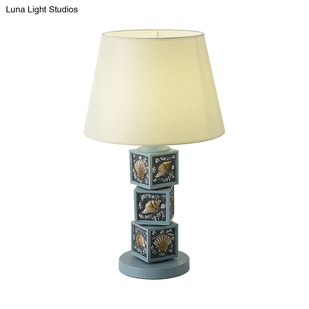 Mediterranean Resin Stacked Cube Desk Light - Sky Blue Night Lamp With Barrel Fabric Shade