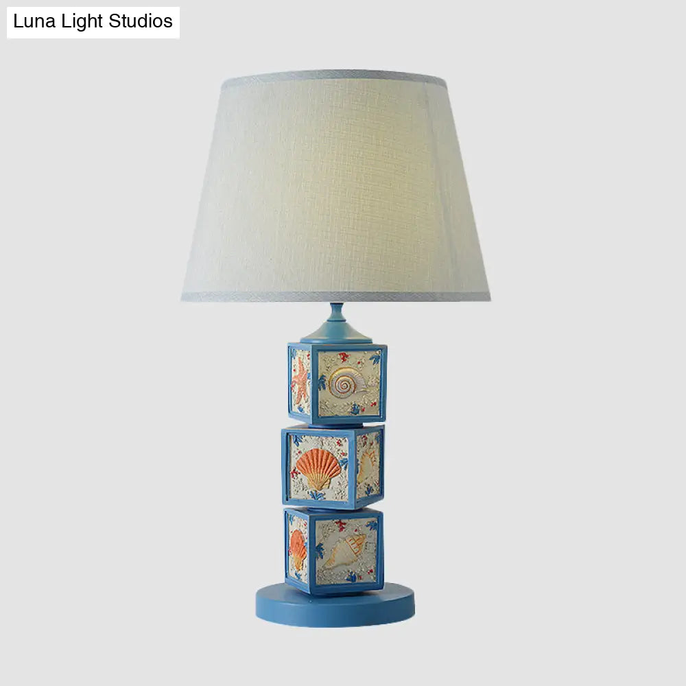 Mediterranean Resin Stacked Cube Desk Light - Sky Blue Night Lamp With Barrel Fabric Shade