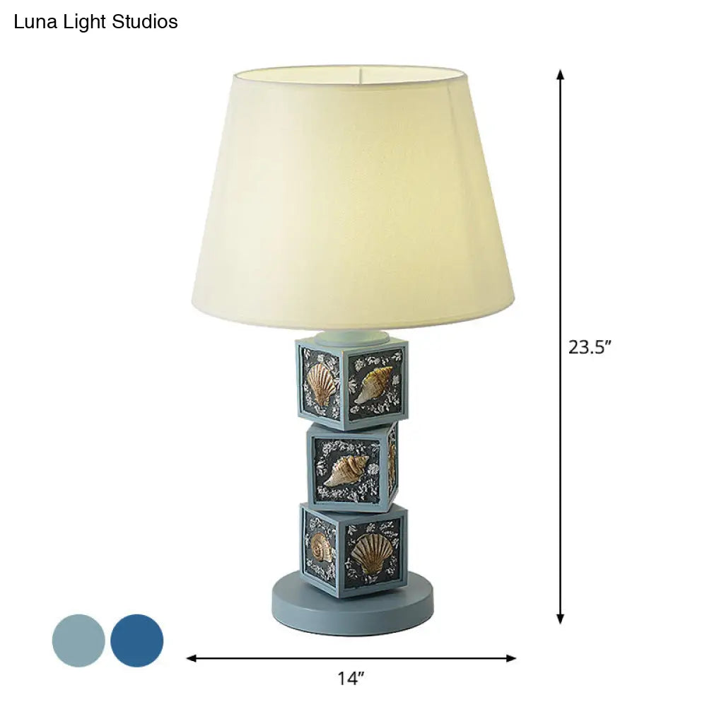 Mediterranean Resin Stacked Cube Desk Light - Sky Blue Night Lamp With Barrel Fabric Shade