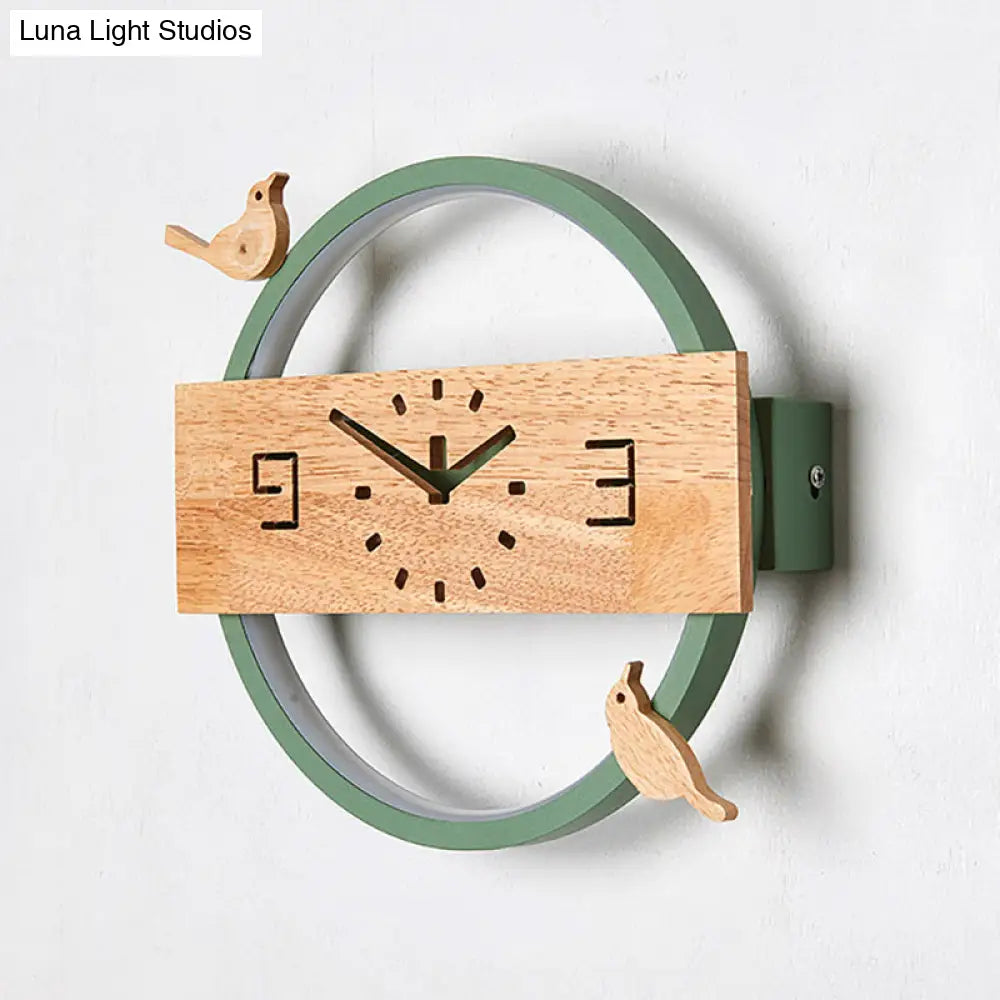 Ring Led Sconce Light With Wooden Clock | Bird Deco Kids Acrylic Wall Lamp