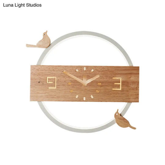 Ring Led Sconce Light With Wooden Clock | Bird Deco Kids Acrylic Wall Lamp