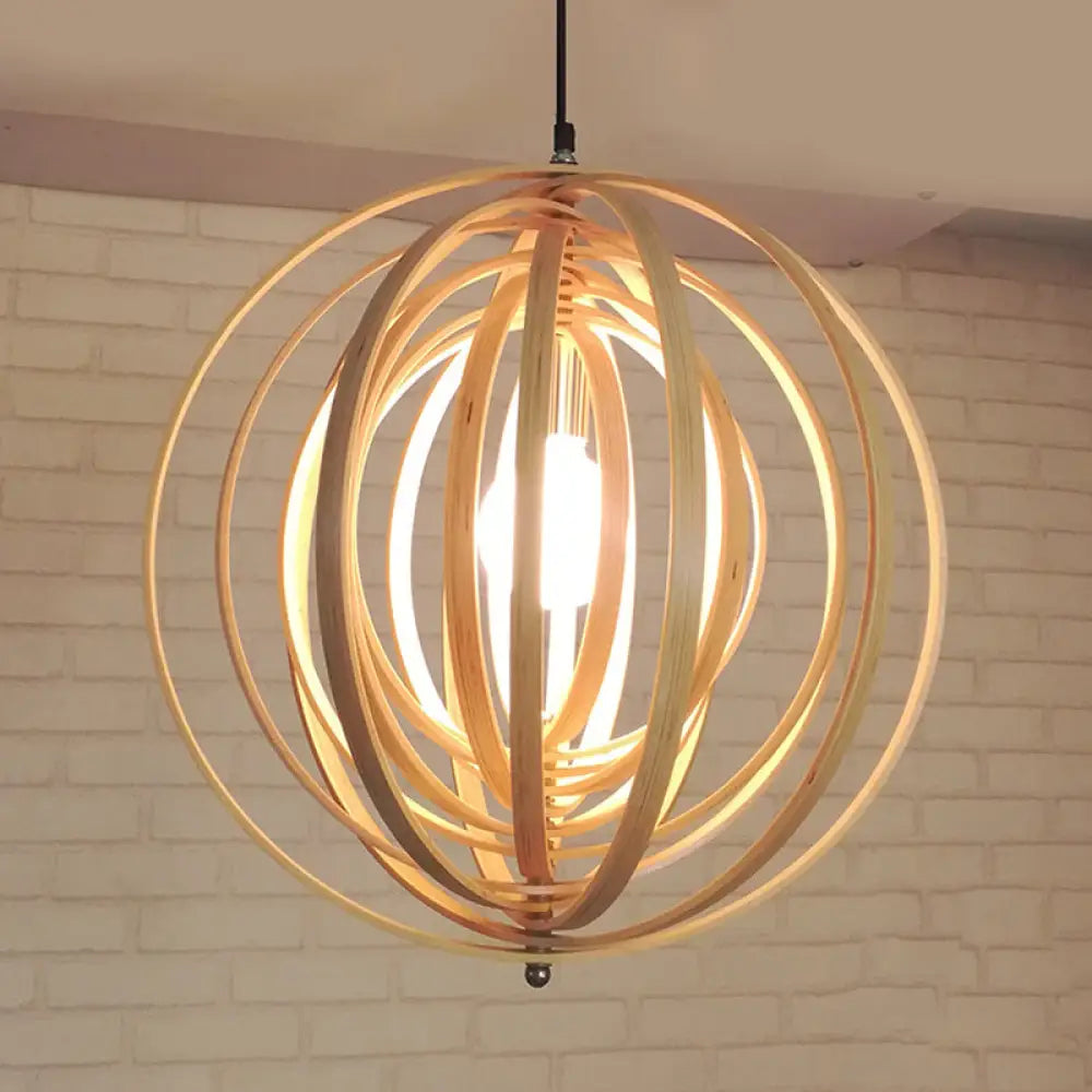 Rippling Sphere Wood Pendant Light Kit - Asian 1 Beige Hanging Fixture For Table