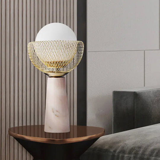 Rita - Minimalist Sphere White Glass Table Light 1-Head Gold Night Lamp With Mesh Design