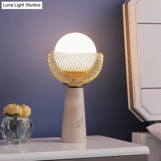 Rita - Minimalist Sphere White Glass Table Light 1-Head Gold Night Lamp With Mesh Design