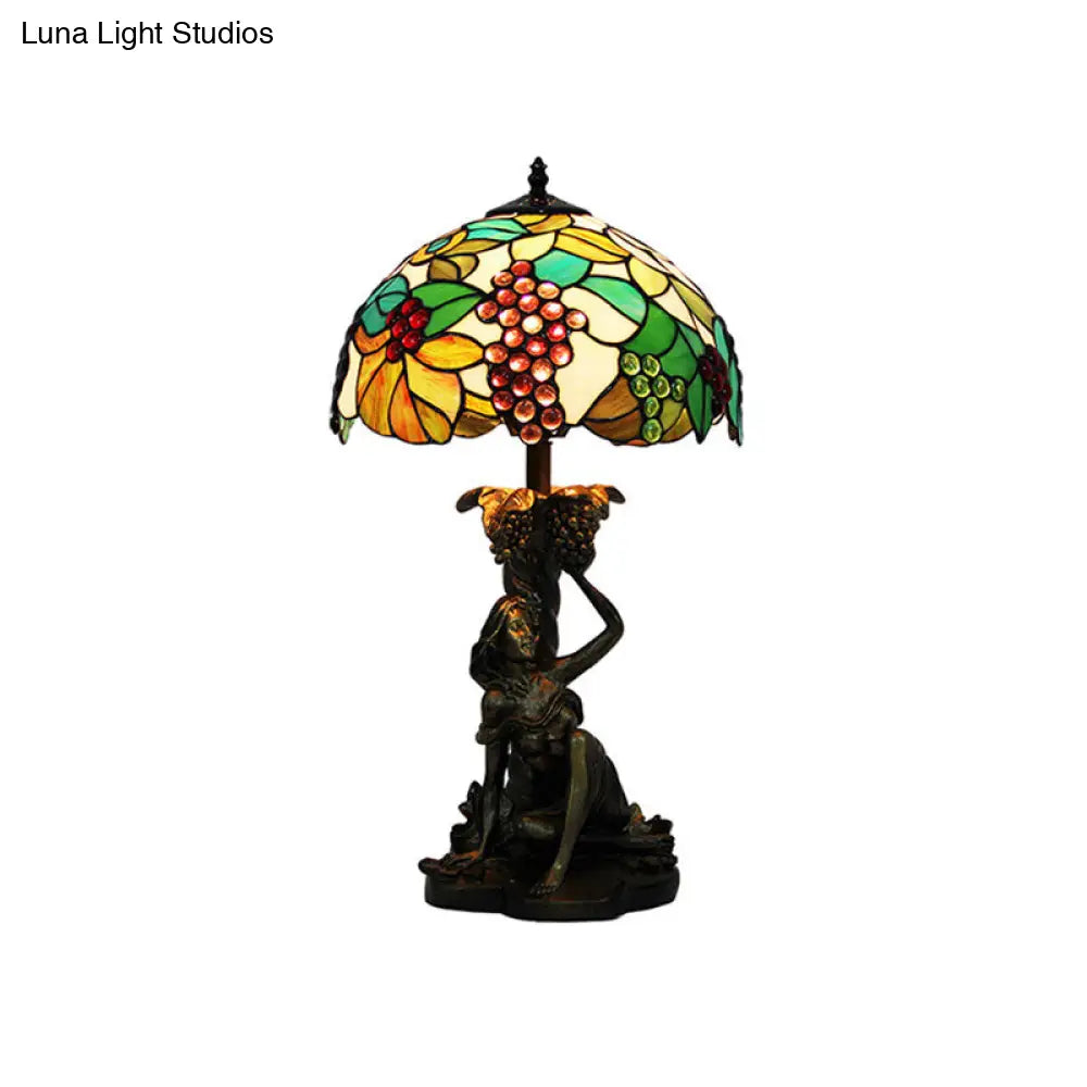 Victorian Stained Glass Nightstand Lamp - Green Grape Pattern With Dome Shade For Bedroom